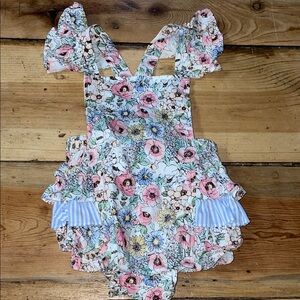 Bonnie Baby Floral Romper with Ruffle Sleeves, stripes, floral, size 12 months,